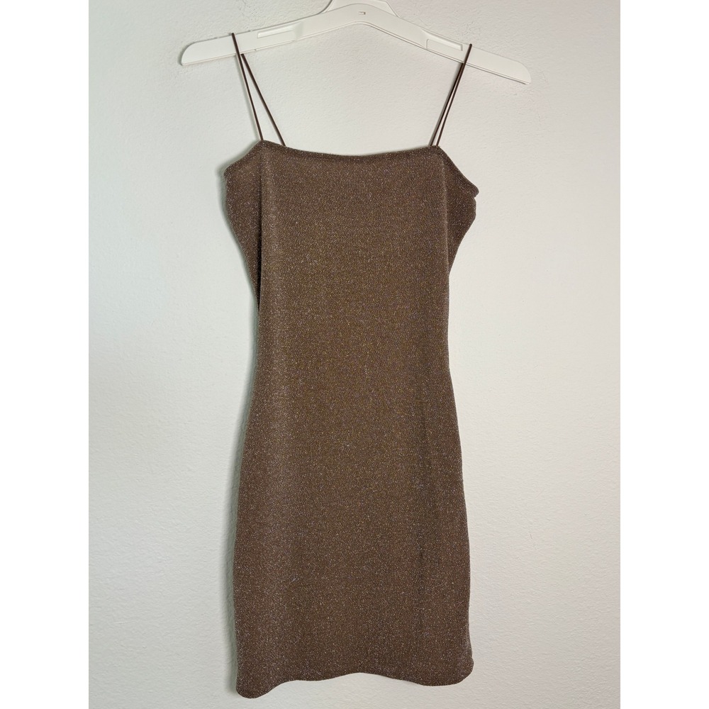 Love Tree Bronze Metallic Shimmer Spaghetti Strap Bodycon Mini Dress Small